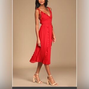 Lulus Never a Dull Moment Red Tie Strap Pleated Midi Dress Size L